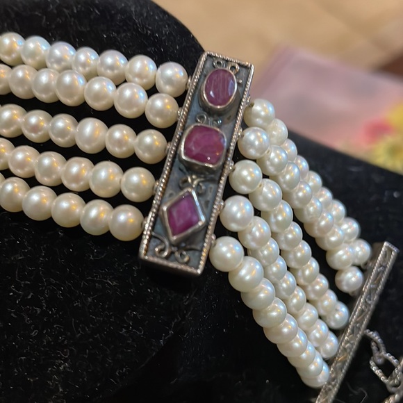 Sterling Silver, Ruby and Pearl 5 Strand Bracelet. - Picture 10 of 14